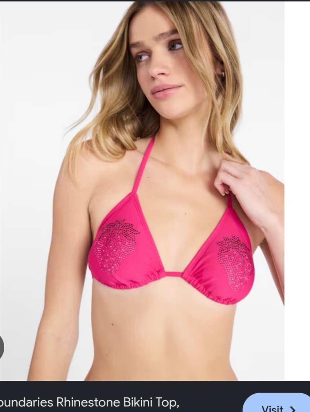 No Boundaries Strawberry Hot Pink Rhinestone Triangle Bikini Top